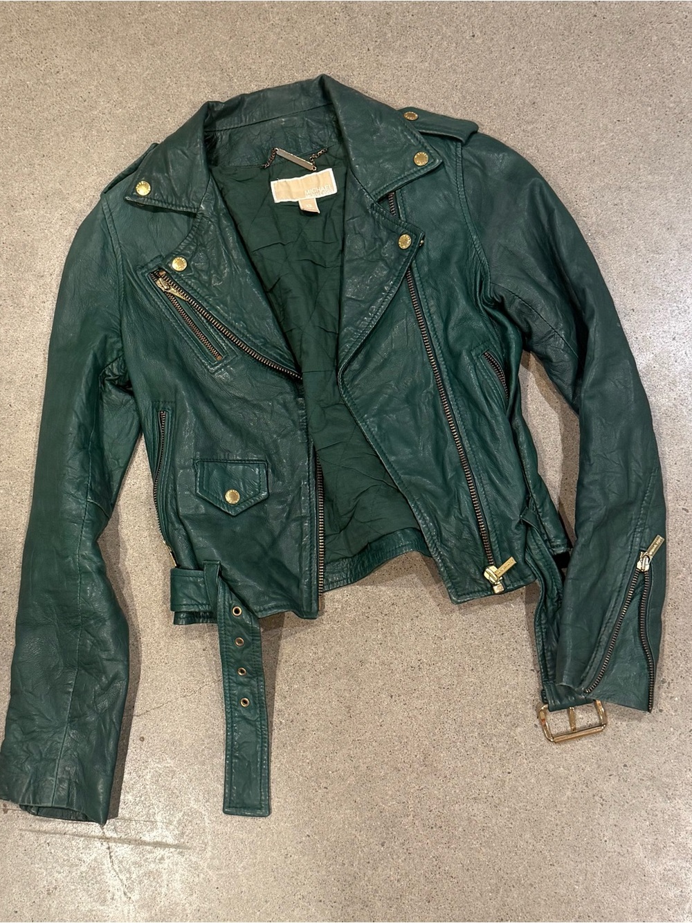 Michael Kors Dark Green Leather Moto Jacket with Gold Hardware
